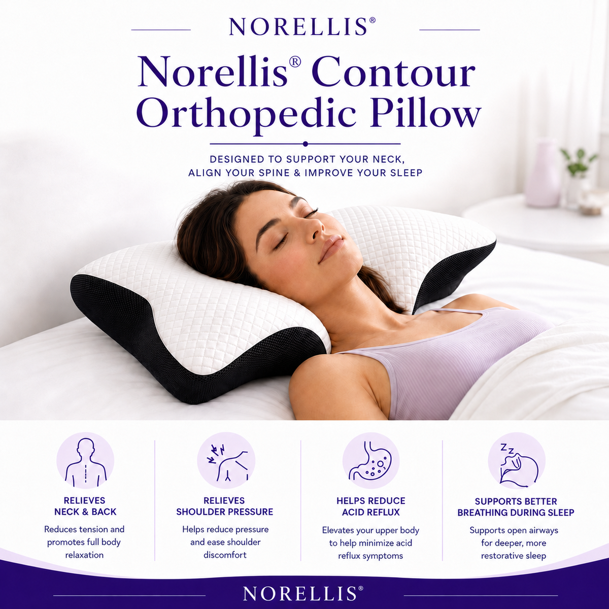 Norellis® Contour Orthopedic Pillow Memory Foam Neck & Shoulder Pain Relief