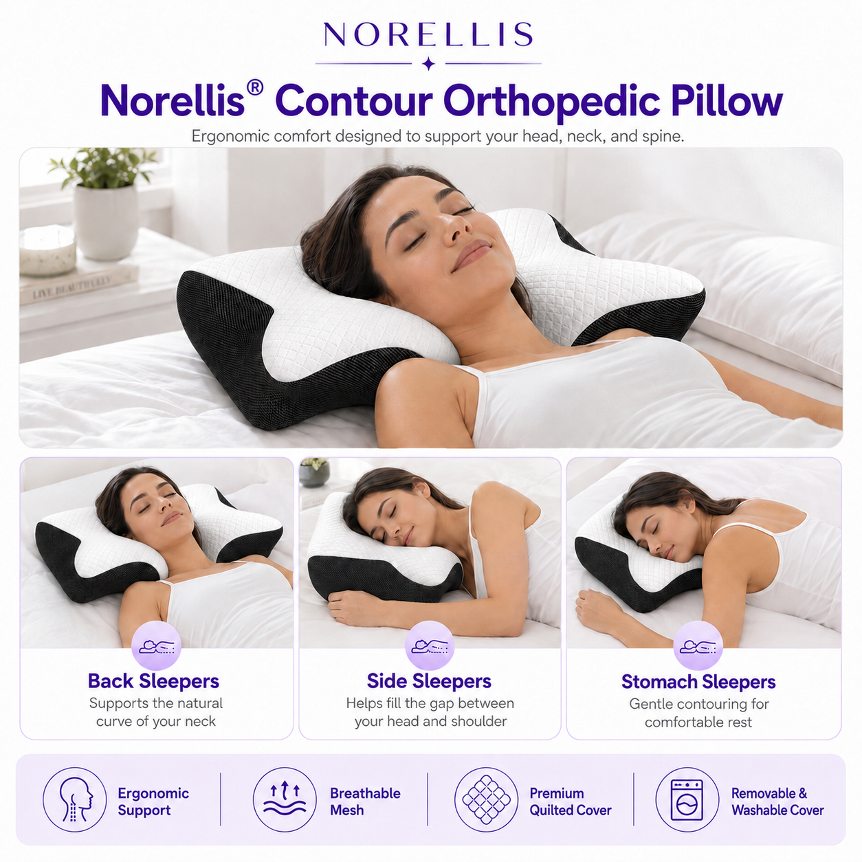 Norellis® Contour Orthopedic Pillow Memory Foam Neck & Shoulder Pain Relief